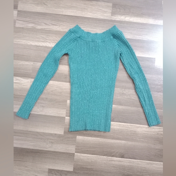 #403It's Our Time Women's Aqua Color with Metallic thread sweater. Size: XL - Picture 4 of 4